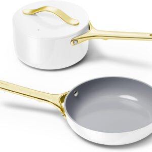 Caraway Mini Cookware Set - Nonstick Fry & Sauce Pan with Rack - White