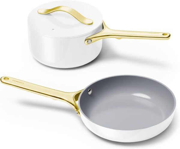 Caraway Mini Cookware Set - Nonstick Fry & Sauce Pan with Rack - White