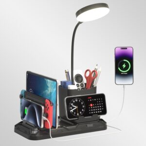 KDD Desk Lamp with USB A&C, Phone Holder, Pen Slot, Adjustable 360° Light
