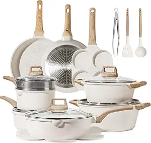 CAROTE 21-Piece Nonstick Cookware Set, White Granite, Induction Safe