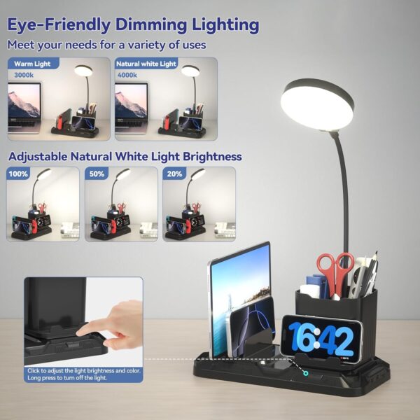 KDD Desk Lamp with USB A&C, Phone Holder, Pen Slot, Adjustable 360° Light - Image 3