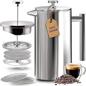 Utopia French Press Coffee Maker 34oz, Steel, w/ 2 Filters, Silver