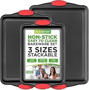 NutriChef 3-Piece Nonstick Bakeware Set w/ Red Silicone Handles